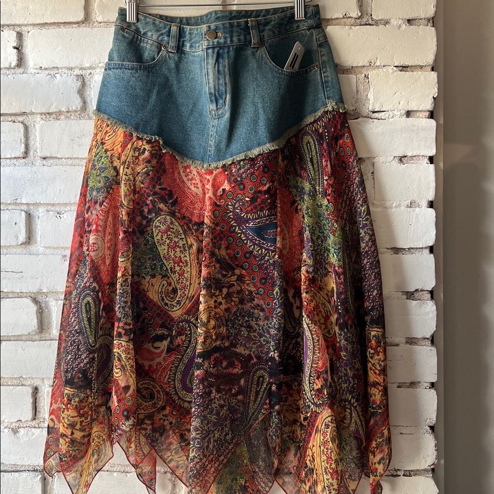 Denim and Paisley Multicolor scarf assymetrical boho vintage Skirt
